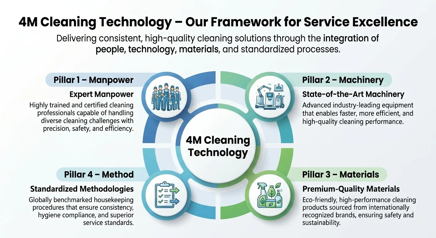 A professional circular infographic titled "4M Cleaning Technology" showcasing four pillars of service: Expert Manpower, State-of-the-Art Machinery, Premium-Quality Materials, and Standardized Methodologies. Each pillar includes a descriptive icon and text in a blue and green corporate color palette.
