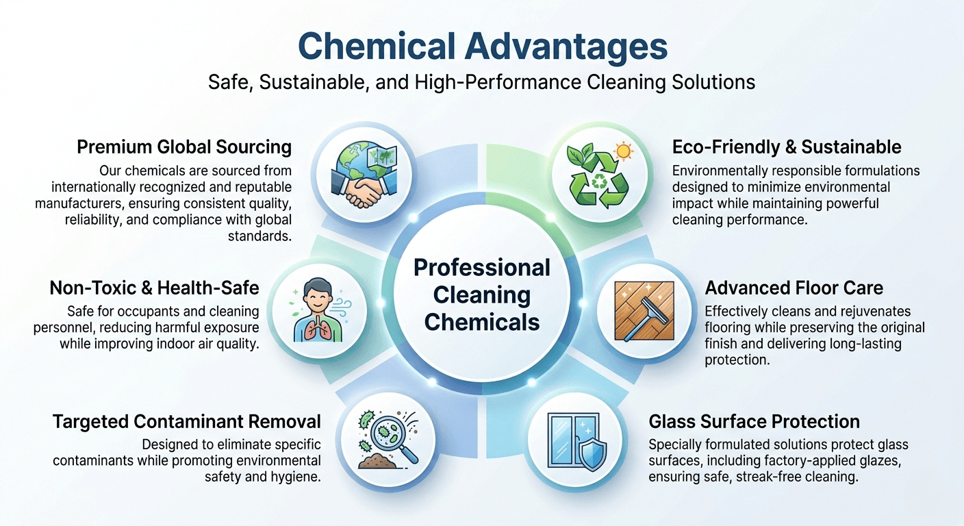 A professional circular infographic titled "Chemical Advantages" with the subtitle "Safe, Sustainable, and High-Performance Cleaning Solutions." The center features the text "Professional Cleaning Chemicals" surrounded by six benefit sections: Premium Global Sourcing, Eco-Friendly & Sustainable, Advanced Floor Care, Glass Surface Protection, Targeted Contaminant Removal, and Non-Toxic & Health-Safe, each with a corresponding corporate icon in blue and green.