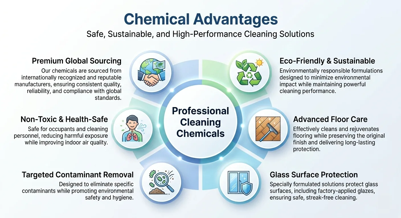 A professional circular infographic titled "Chemical Advantages" with the subtitle "Safe, Sustainable, and High-Performance Cleaning Solutions." The center features the text "Professional Cleaning Chemicals" surrounded by six benefit sections: Premium Global Sourcing, Eco-Friendly & Sustainable, Advanced Floor Care, Glass Surface Protection, Targeted Contaminant Removal, and Non-Toxic & Health-Safe, each with a corresponding corporate icon in blue and green.